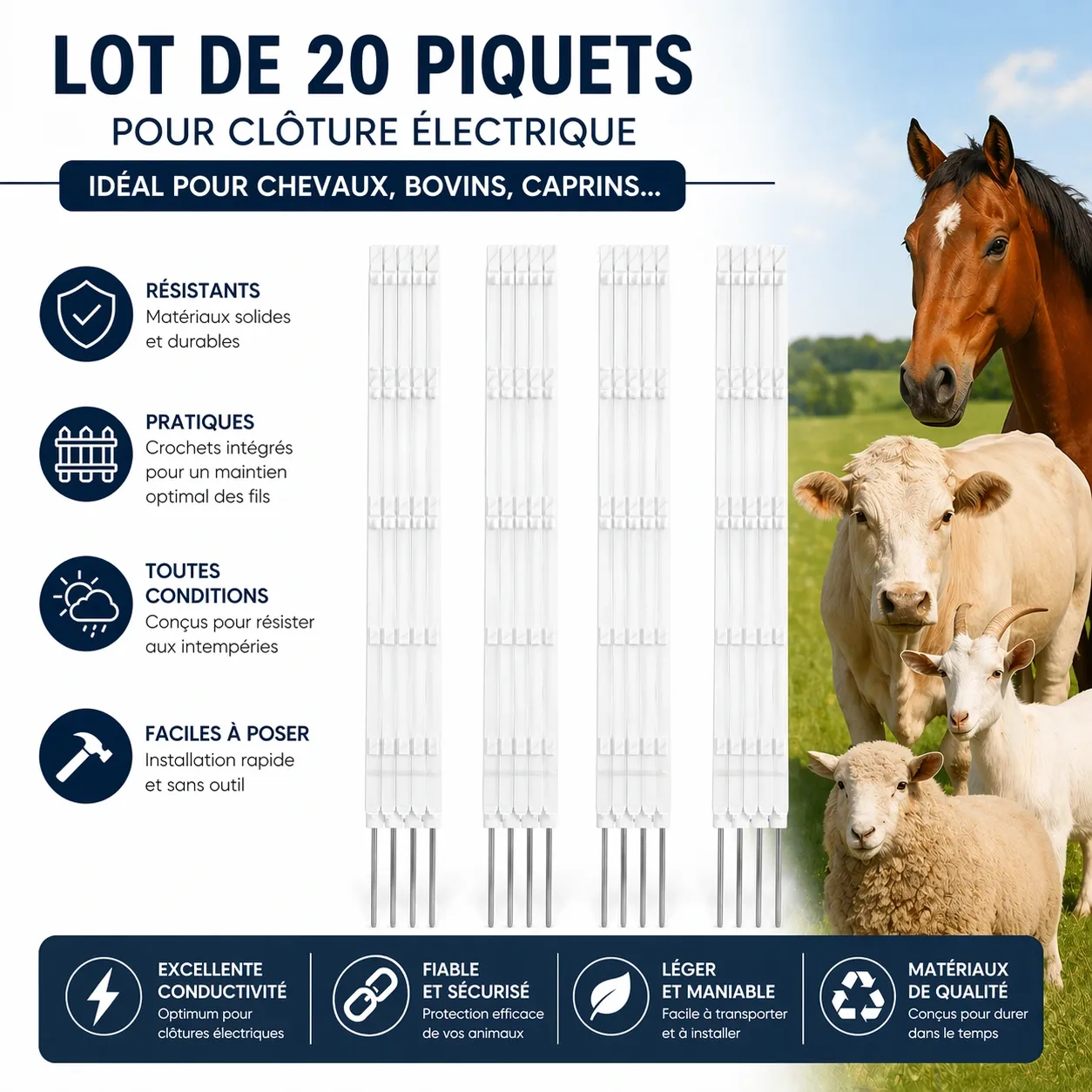 20 Piquets plastique classique blanc 1m56