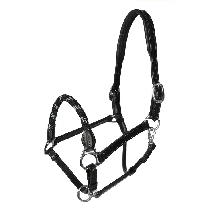 LICOL ACAVALLO LEATHER HALTER WITH ERGONOMIC POLLGUARD - ROPE NOSEBAND  (Noir, Cob)